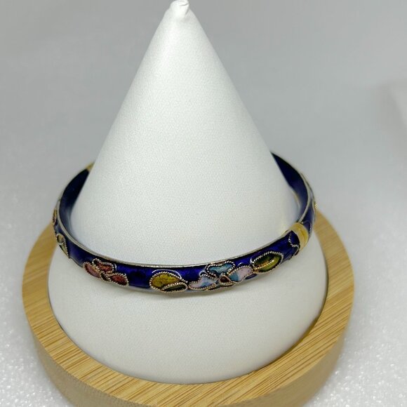 Vintage Blue Floral Cloisonné Enamel Hinged Bracelet - Picture 4 of 7